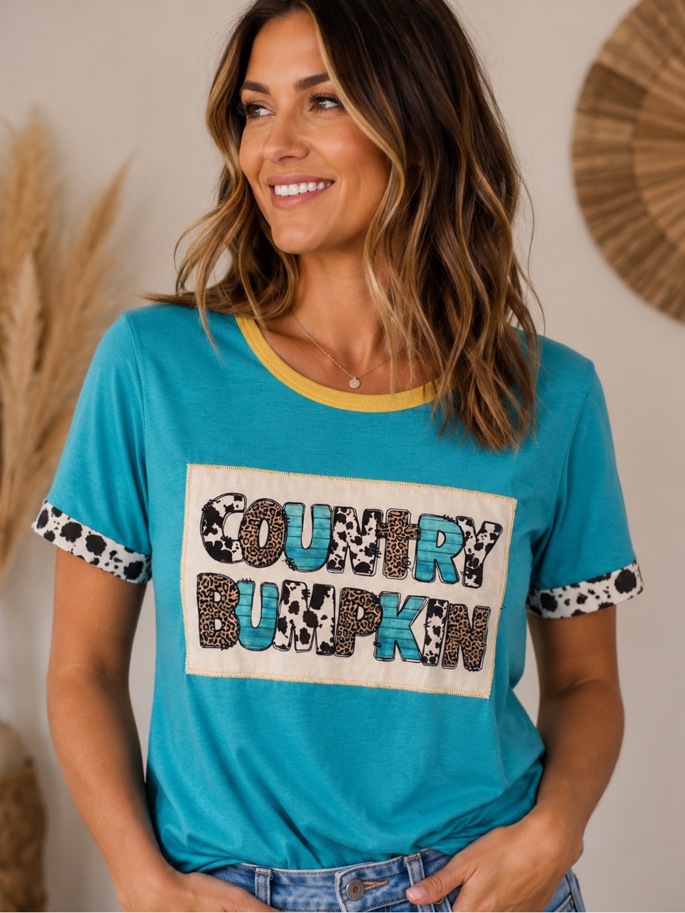 Country Pumpkin Turquoise Graphic Tee - Women